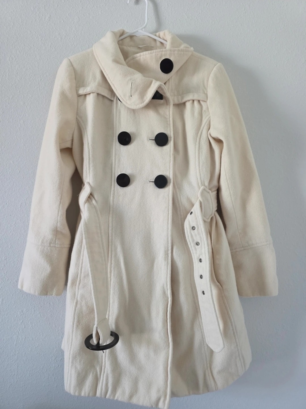 Women's Cream Double-Breasted Pea Coat with Belt